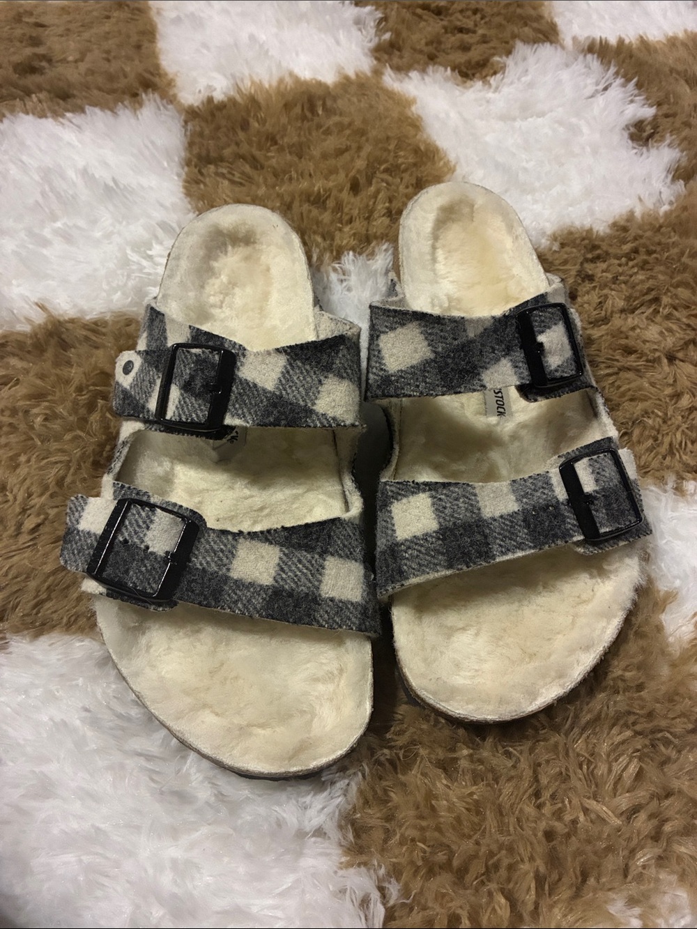 Birkenstock Men's Plush Checked Two-Strap Sandals in Cream and Black